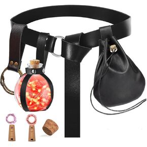 Renaissance Waist Belt Costume Accessories Belt Pouch Purse Alight Potion Bottle Set Medieval Festival Halloween Ren Faire (Black)