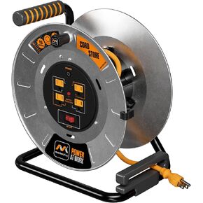 100ft Cord Reel, Metal Cable Drum, Extension Lead with Winding Handle, Safety Overload Circuit Breaker and Power Switch, 4x Grounded Outlets, 15amps, 12AWG Cable
