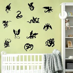 Removable Dragon Wall Decals Black Flying Dragons Wall Decor Art Stickers Peel and Stick Kids Bedroom Playroom Nursery Classroom Decor