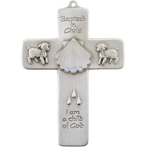 Girls Baptized in Christ Pewter Wall Cross with Pink Stones, 5 Inch