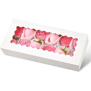 Ocmoiy 20 Pack Bakery Boxes with Window, 10 x 10 x 2.5 Inch Auto-Popup Pie Boxes, White Cookies Treat Boxes for Chocolate Covered Strawberries, Cocoa Bombs, Donuts, Muffins, Pastries