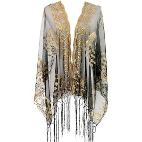 L'VOW Women's Glittering 1920s Scarf Mesh Sequin Wedding Cape Fringed Evening Shawl Wrap