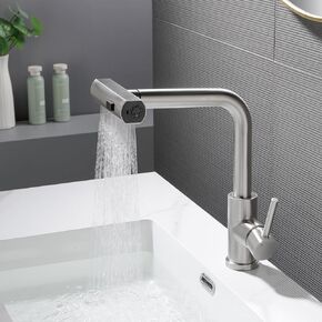 Matte Black Bathroom Faucets for Sink 3 Modes Bathroom Sink Faucet with Pull Out Sprayer 1 Hole Pull Out Faucet for Bathroom Deck Mount Basin Faucet Modern Vanity Faucet one Handle Vessel Faucet