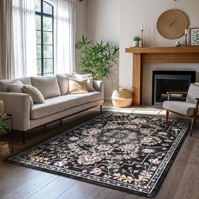 6x9 Boho Area Rug, Washable Rug, Ultra Soft Area Rug, Non Slip Abstract Rug Foldable, Stain Resistant Rugs for Living Room Bedroom, Vintage Fuzzy Rug(Black red, 6'x9')