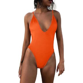 Womens Sexy One Piece Swimsuits Deep V Neck Adjustable Spaghetti Straps Backless Thong Bathing Suit