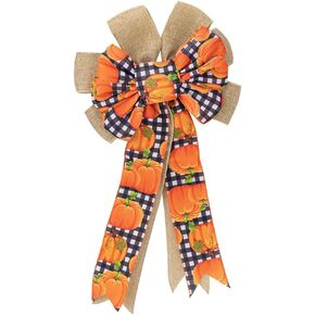 Autumn Thanksgiving Bow Wreath Black and White Buffalo Checkered Bow Orange Checkered Autumn Maple Leaf Bow Home Interior Living Room Door Outdoor Courtyard Decoration -C