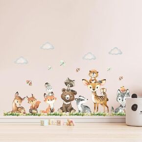 Tanlaby Jungle Animals Wall Stickers Forest Animal Wall Decals Cute Fox Bear Giraffe Self-Adhesive Mural Removable Wall Art Sticker for Baby Nursery Kids Bedroom Playroom Daycare Classroom Decor