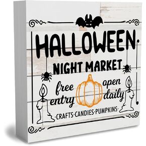Rustic Happy Halloween Wooden Box Sign Cute Fall Pumpkin Bat Spider Sign Decor Farmhouse Decorative Wood Box Sign Block Plaque for Wall Desk Home Bathroom Decoration 5 x 5 Inches