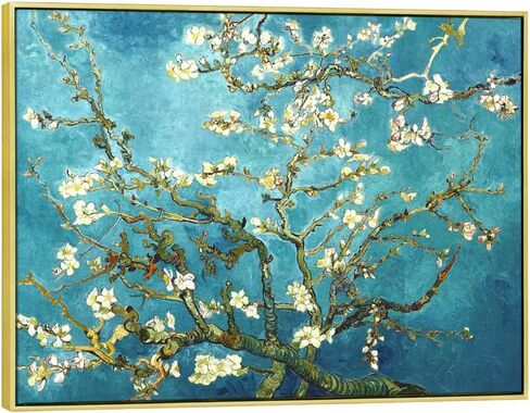 Wieco Art Almond Blossom حديث مؤطر الأزهار جيكلي قماش يطبع بواسطة فان جوخ اللوحات الزيتية الشهيرة استنساخ صور الزهور على قماش جدار الفن جاهز للتعليق لغرفة النوم ديكورات المنزل in Kuwait
