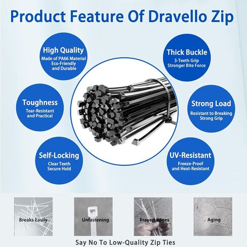 Zip Ties,800 Pack,Assorted Sizes 12+10+8+6+4 Inch,Black Self-Locking Nylon Cable Ties,Comprehensive Size for Indoor Outdoor Use,Perfect for Home,Office,Garden,and Workshop.UV Resistant in Saudi Arabia