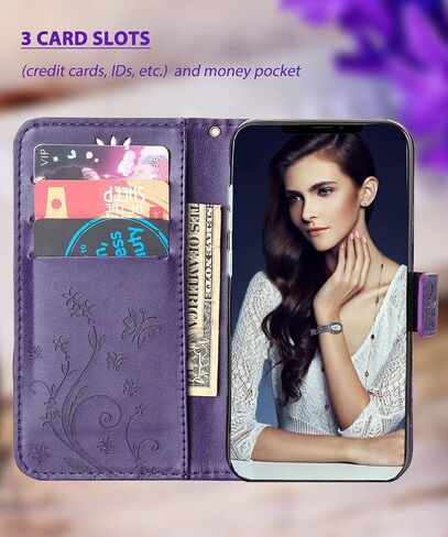 Compatible with iPhone 11(6.1 inch,2019 Release),Wallet Case for Women and Girls with Card Holder Pu Leather Flip case Kickstand Protective with Card Slots-Embossed Flowers Green in Saudi Arabia