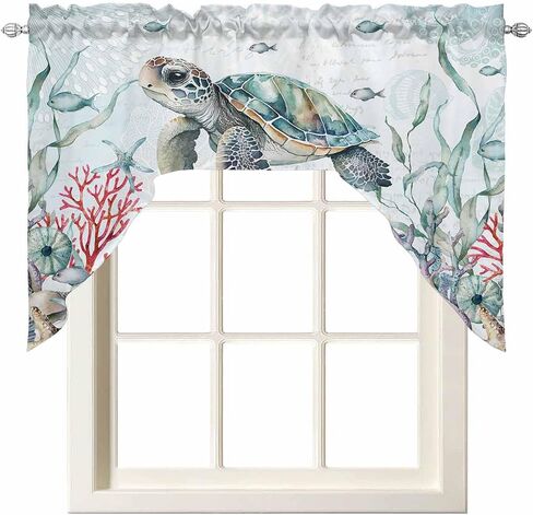 Watercolor Turtle Swag Kitchen Curtain Sets with Valance, 3 Pieces Rod Pocket Curtain Drapes for Bedroom Bathroom Cafe Windows, Coastal Coral Seaweed Vintage Blue 56''x36'' & 36''x27.5''x2Panels in Saudi Arabia