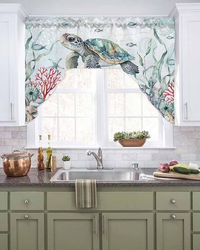 Watercolor Turtle Swag Kitchen Curtain Sets with Valance, 3 Pieces Rod Pocket Curtain Drapes for Bedroom Bathroom Cafe Windows, Coastal Coral Seaweed Vintage Blue 56''x36'' & 36''x27.5''x2Panels in Saudi Arabia