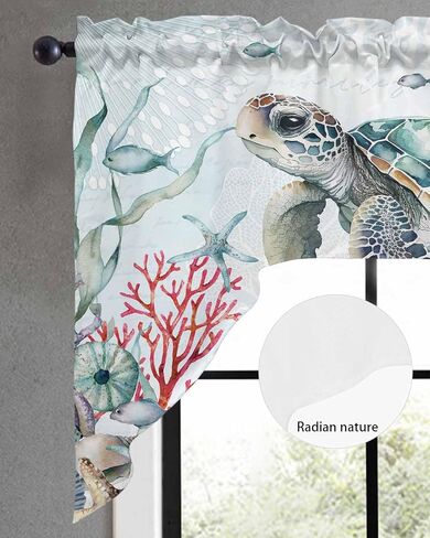 Watercolor Turtle Swag Kitchen Curtain Sets with Valance, 3 Pieces Rod Pocket Curtain Drapes for Bedroom Bathroom Cafe Windows, Coastal Coral Seaweed Vintage Blue 56''x36'' & 36''x27.5''x2Panels in Saudi Arabia