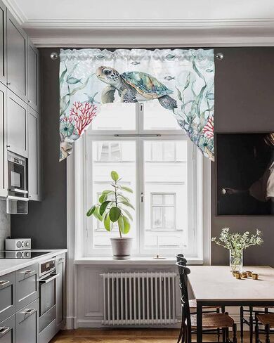 Watercolor Turtle Swag Kitchen Curtain Sets with Valance, 3 Pieces Rod Pocket Curtain Drapes for Bedroom Bathroom Cafe Windows, Coastal Coral Seaweed Vintage Blue 56''x36'' & 36''x27.5''x2Panels in Saudi Arabia