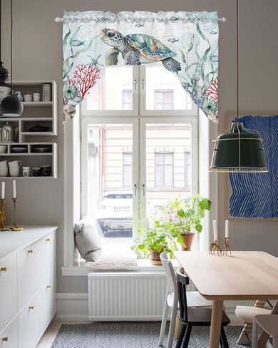 Watercolor Turtle Swag Kitchen Curtain Sets with Valance, 3 Pieces Rod Pocket Curtain Drapes for Bedroom Bathroom Cafe Windows, Coastal Coral Seaweed Vintage Blue 56''x36'' & 36''x27.5''x2Panels in Saudi Arabia