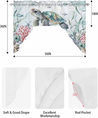 Watercolor Turtle Swag Kitchen Curtain Sets with Valance, 3 Pieces Rod Pocket Curtain Drapes for Bedroom Bathroom Cafe Windows, Coastal Coral Seaweed Vintage Blue 56''x36'' & 36''x27.5''x2Panels in Saudi Arabia