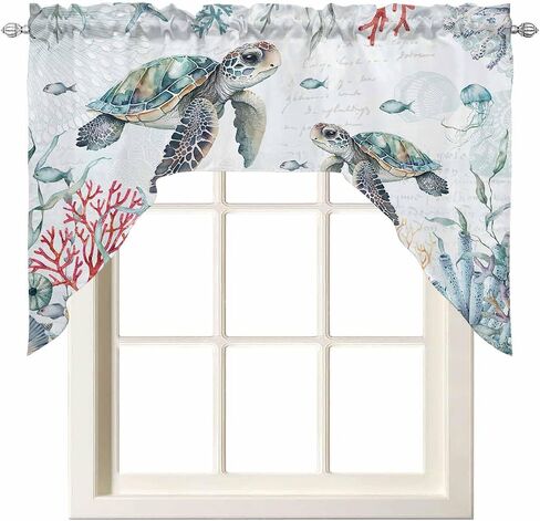 Watercolor Turtle Swag Kitchen Curtain Sets with Valance, 3 Pieces Rod Pocket Curtain Drapes for Bedroom Bathroom Cafe Windows, Coastal Coral Seaweed Vintage Blue 56''x36'' & 36''x27.5''x2Panels in Saudi Arabia