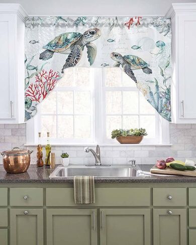 Watercolor Turtle Swag Kitchen Curtain Sets with Valance, 3 Pieces Rod Pocket Curtain Drapes for Bedroom Bathroom Cafe Windows, Coastal Coral Seaweed Vintage Blue 56''x36'' & 36''x27.5''x2Panels in Saudi Arabia