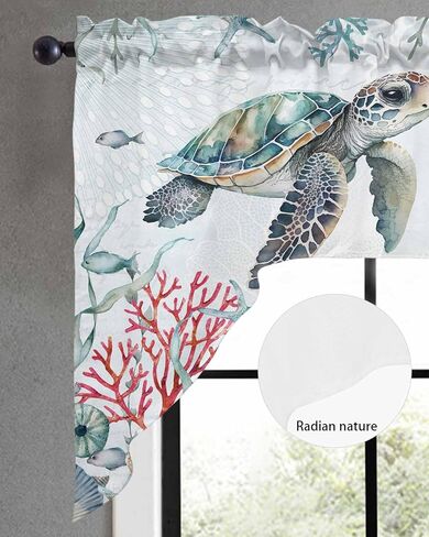 Watercolor Turtle Swag Kitchen Curtain Sets with Valance, 3 Pieces Rod Pocket Curtain Drapes for Bedroom Bathroom Cafe Windows, Coastal Coral Seaweed Vintage Blue 56''x36'' & 36''x27.5''x2Panels in Saudi Arabia