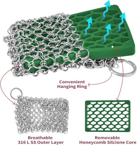 [Dual-use] Cast Iron Scrubber Cleaner - 316 SS Chain Mail Scrubber | Detachable Chainmail Scrubber - Cast Iron Pan Pot Skillet Scrubber - Metal Scrub Pad Cleaning Kit to Clean Cast Iron,Dutch Oven,Wok in Saudi Arabia