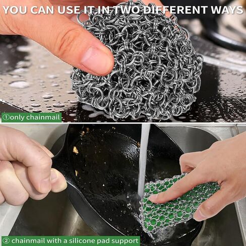 [Dual-use] Cast Iron Scrubber Cleaner - 316 SS Chain Mail Scrubber | Detachable Chainmail Scrubber - Cast Iron Pan Pot Skillet Scrubber - Metal Scrub Pad Cleaning Kit to Clean Cast Iron,Dutch Oven,Wok in Saudi Arabia