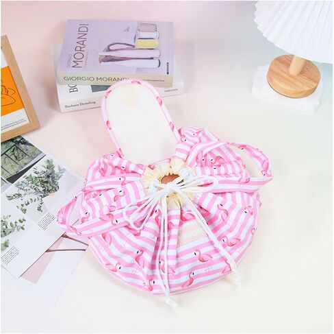 Large Barrel Drawstring Makeup Bag Travel Cosmetic Bag for Women - Portable Make Up Organizer Bag for Skin Care & Toiletries with Brush Holder & Pouch (Black) in Kuwait