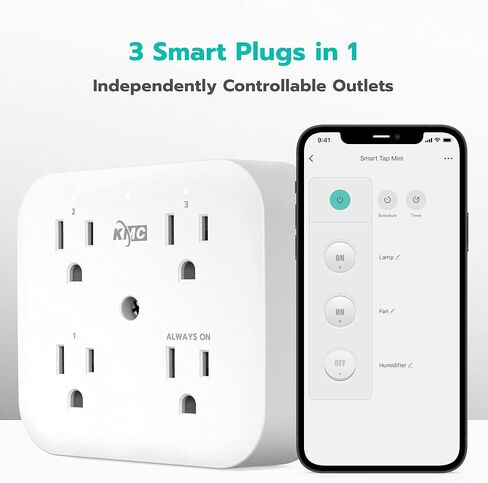 KMC Smart Tap Mini 4-Outlet Wall Mounted Multi Plug Adapter, 3 Independently Controlled Wi-Fi Smart Outlets, Compatible with Alexa & Google Assistant, No Hub Required in Saudi Arabia
