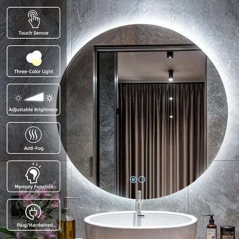 VOWNER 28 Inch Round LED Bathroom Mirror, 3 Colors Light Dimmable Wall Mounted LED Mirror with Touch Switch, Bathroom Mirror with Lights, Anti-Fog Backlit Lighted Round LED Mirror for Bathroom, CRI90+ in Saudi Arabia