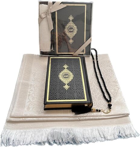 سجادة صلاة إسلامية، قرآن مغطى بالكامل بالجلد الحراري العربي (8 * 5.5 بوصة / 20 * 14 سم) وخرز صلاة أنا هدية إسلامية مثالية أنا مسلم للرجال والنساء سجادة صلاة إسلامية ناعمة | الهدايا الفاخرة (الذهبية) in Kuwait