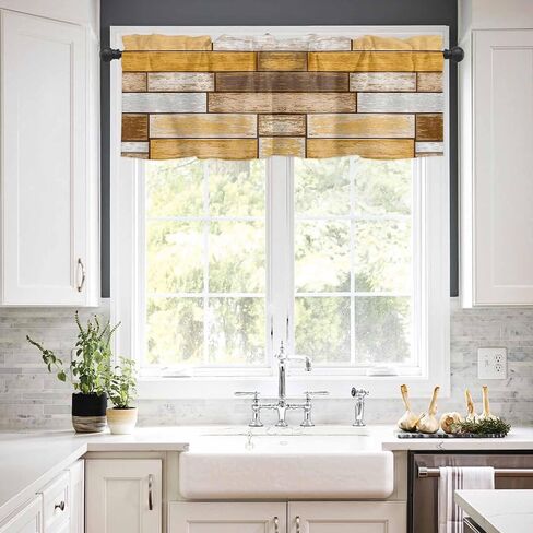 Farmhouse Grey Brown Valances for Windows, Rustic Kitchen Curtains Window Treatment Country Decor, Vintage Wooden Rod Pocket Short Window Valances for Living Room/Bedroom, 54" x 18" in Saudi Arabia