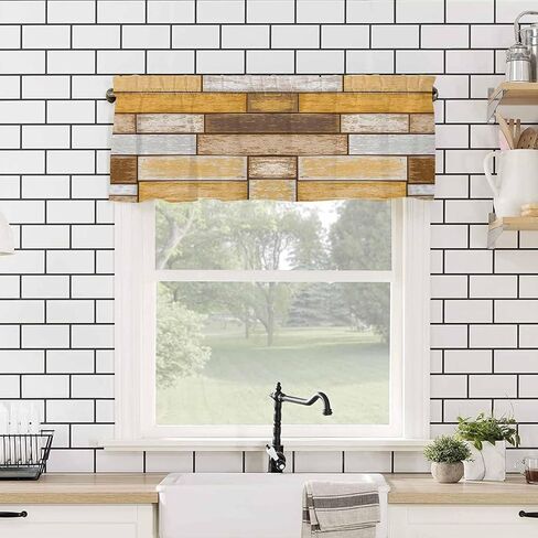 Farmhouse Grey Brown Valances for Windows, Rustic Kitchen Curtains Window Treatment Country Decor, Vintage Wooden Rod Pocket Short Window Valances for Living Room/Bedroom, 54" x 18" in Saudi Arabia