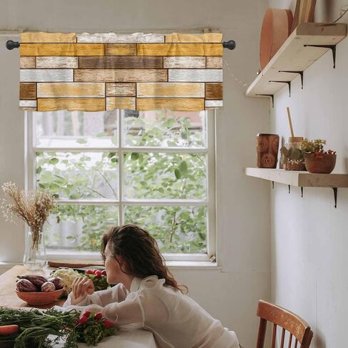 Farmhouse Grey Brown Valances for Windows, Rustic Kitchen Curtains Window Treatment Country Decor, Vintage Wooden Rod Pocket Short Window Valances for Living Room/Bedroom, 54" x 18" in Saudi Arabia