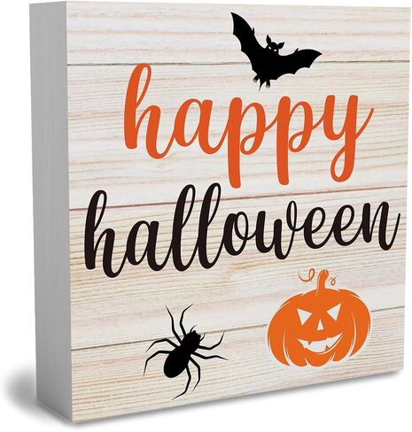 Rustic Happy Halloween Wooden Box Sign Cute Fall Pumpkin Bat Spider Sign Decor Farmhouse Decorative Wood Box Sign Block Plaque for Wall Desk Home Bathroom Decoration 5 x 5 Inches in Saudi Arabia
