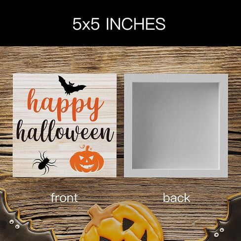 Rustic Happy Halloween Wooden Box Sign Cute Fall Pumpkin Bat Spider Sign Decor Farmhouse Decorative Wood Box Sign Block Plaque for Wall Desk Home Bathroom Decoration 5 x 5 Inches in Saudi Arabia