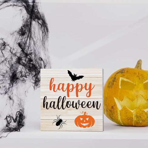 Rustic Happy Halloween Wooden Box Sign Cute Fall Pumpkin Bat Spider Sign Decor Farmhouse Decorative Wood Box Sign Block Plaque for Wall Desk Home Bathroom Decoration 5 x 5 Inches in Saudi Arabia