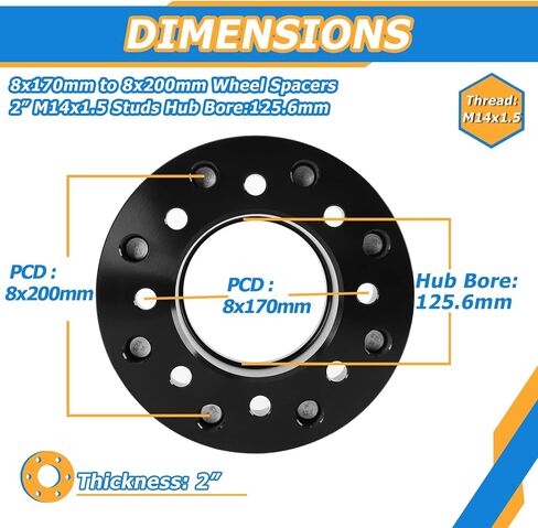 YIZBAP 2PCS 8x6.5 to 8x170 Wheel Adapters for 1999-2010 Silverado Sierra 2500 3500 HD 2014-2023 RAM 2500 3500, 1.5 inch 8x165.1mm to 8x170mm Wheel Adapters 126.15mm Hub Bore with 14x1.5 Thread Pitch. in Kuwait