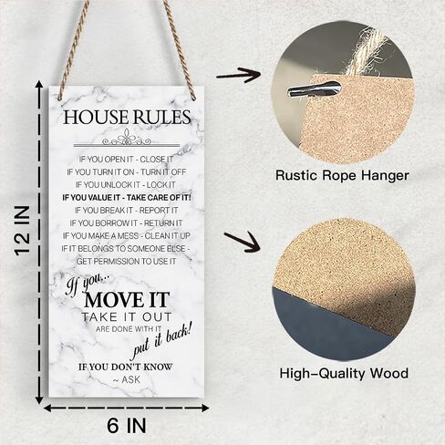 House Rules Decor For Home Farmhouse, Family Rules Wall Art Wooden Sign, Farmhouse Living Room Kitchen Rustic Hanging Sign, Set of 1 Wooden Sign With Rope - J16 in Kuwait