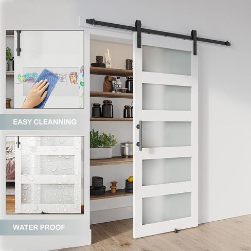 30'' x 84'' Glass Barn Door and 5FT Brushed Nickel Hardware Kit | MDF White Barn Door Slab with Frosted Glass, PVC Surface, Combined with Handle and Floor Guide-Assembly Required in Kuwait