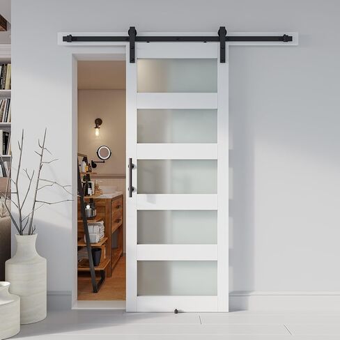 30'' x 84'' Glass Barn Door and 5FT Brushed Nickel Hardware Kit | MDF White Barn Door Slab with Frosted Glass, PVC Surface, Combined with Handle and Floor Guide-Assembly Required in Kuwait