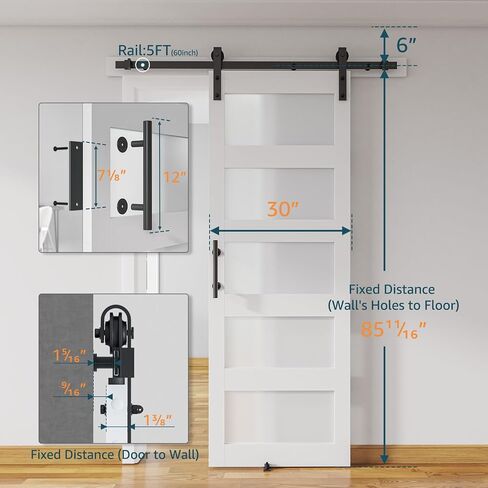 30'' x 84'' Glass Barn Door and 5FT Brushed Nickel Hardware Kit | MDF White Barn Door Slab with Frosted Glass, PVC Surface, Combined with Handle and Floor Guide-Assembly Required in Kuwait