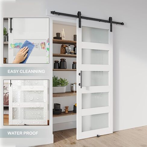 40'' x 84'' Glass Barn Door and 7 Ft Brushed Nickel Hardware Kit Included, MDF White Barn Door Slab with Frosted Glass, PVC Surface, Combined with Handle and Floor Guide-Assembly Required in Kuwait