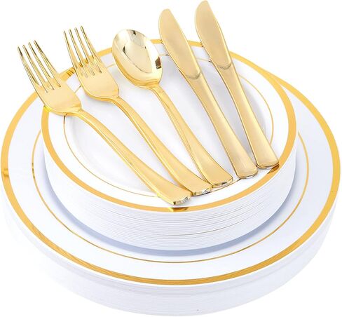 125 Count Halloween Dinner Plastic Plates Include 25 Plastic Plates 25 Disposable Dessert Plates & Gold Disposable Silverware, Plastic Dinnerware Set Providing for 25 Guests for Party, Wedding in Saudi Arabia