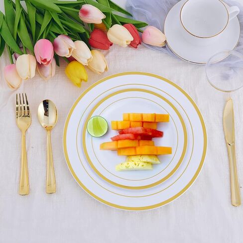 125 Count Halloween Dinner Plastic Plates Include 25 Plastic Plates 25 Disposable Dessert Plates & Gold Disposable Silverware, Plastic Dinnerware Set Providing for 25 Guests for Party, Wedding in Saudi Arabia