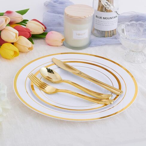 125 Count Halloween Dinner Plastic Plates Include 25 Plastic Plates 25 Disposable Dessert Plates & Gold Disposable Silverware, Plastic Dinnerware Set Providing for 25 Guests for Party, Wedding in Saudi Arabia