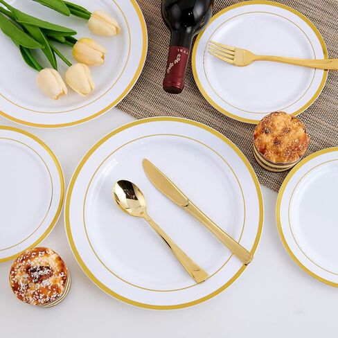 125 Count Halloween Dinner Plastic Plates Include 25 Plastic Plates 25 Disposable Dessert Plates & Gold Disposable Silverware, Plastic Dinnerware Set Providing for 25 Guests for Party, Wedding in Saudi Arabia