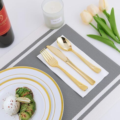 125 Count Halloween Dinner Plastic Plates Include 25 Plastic Plates 25 Disposable Dessert Plates & Gold Disposable Silverware, Plastic Dinnerware Set Providing for 25 Guests for Party, Wedding in Saudi Arabia