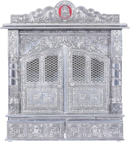Silver Mandir for Home - White Oxidized - with Door (Large) in Saudi Arabia