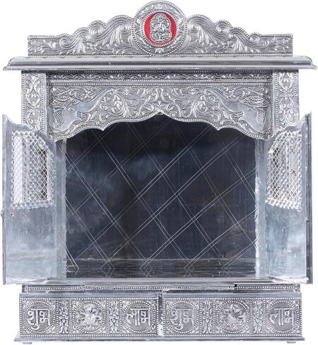 Silver Mandir for Home - White Oxidized - with Door (Large) in Saudi Arabia