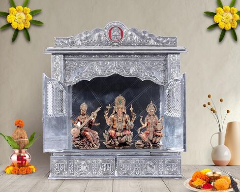 Silver Mandir for Home - White Oxidized - with Door (Large) in Saudi Arabia